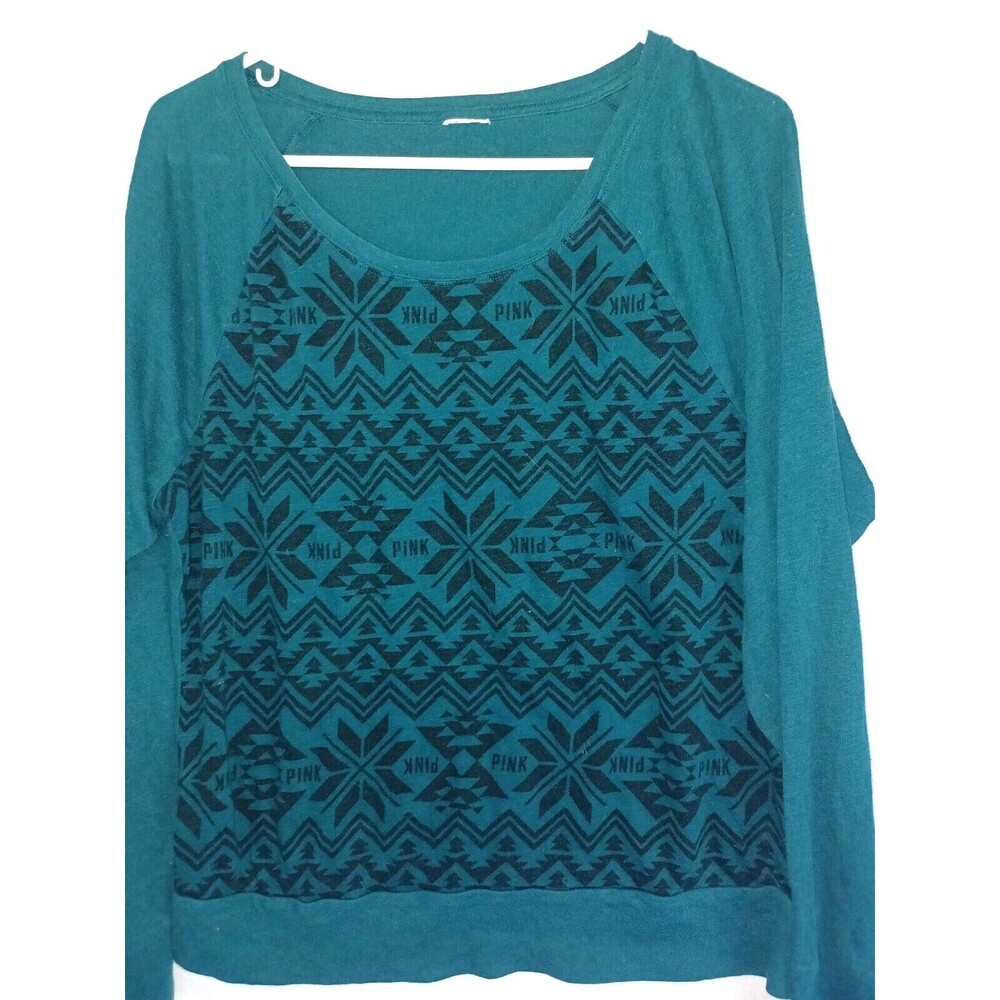 Victoria Secret PINK Top T-shirt Long Sleeve M green snowflake fair isle scoop